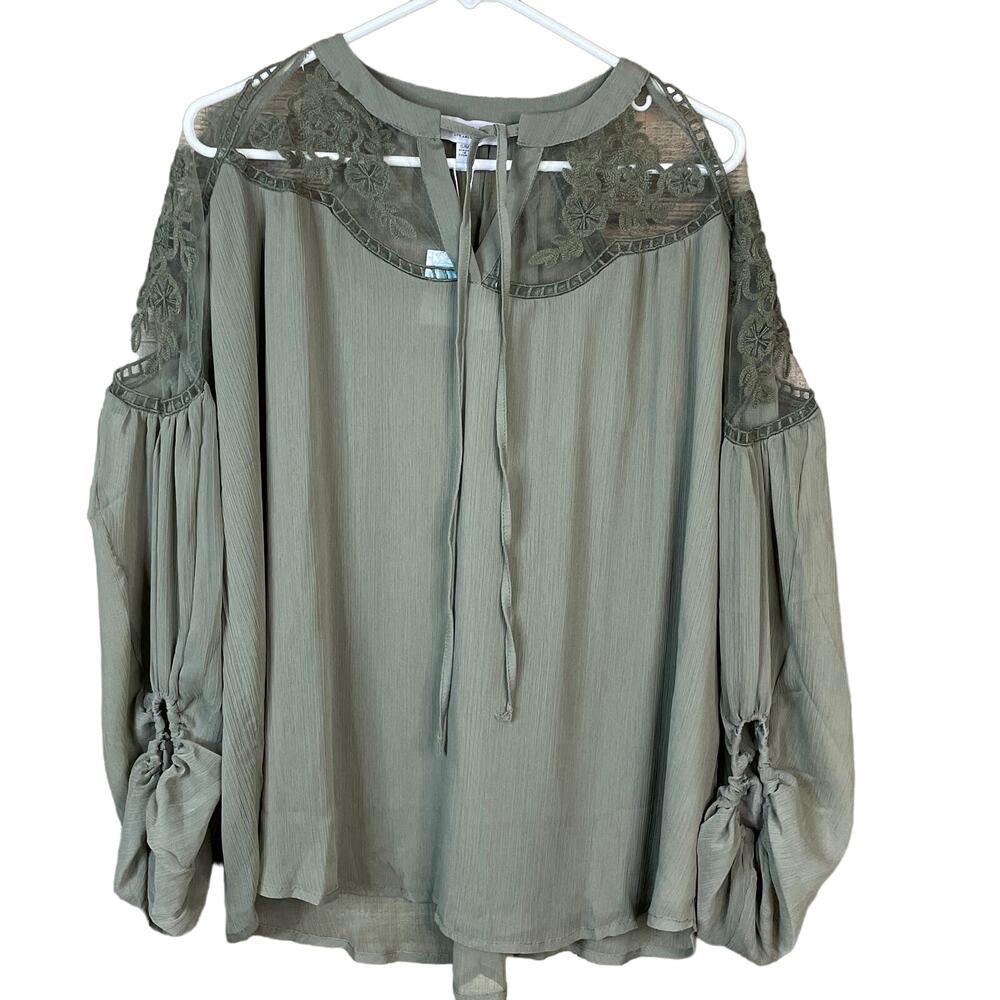 Hayden Sheer Mesh Lace Tie Front Peasant Top Olive Green Size Small Medium NWT